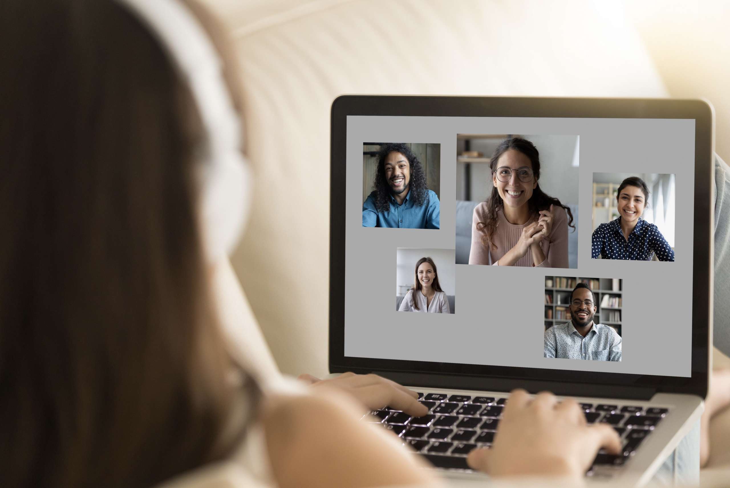 Woman in meeting with online support group friends